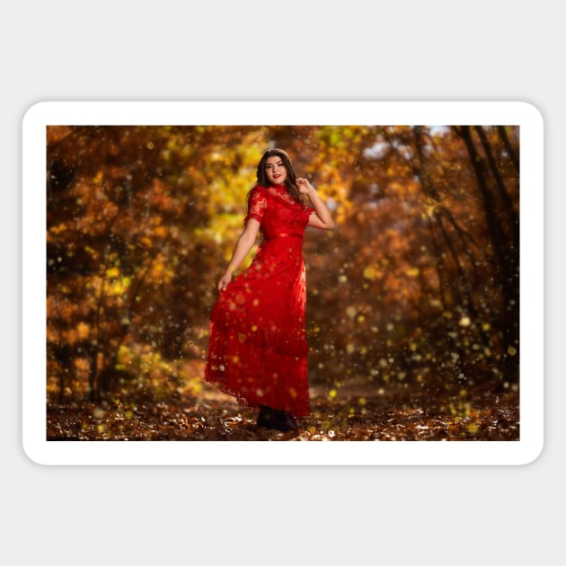 Woman in red dress in the oak forest, full body Sticker by naturalis